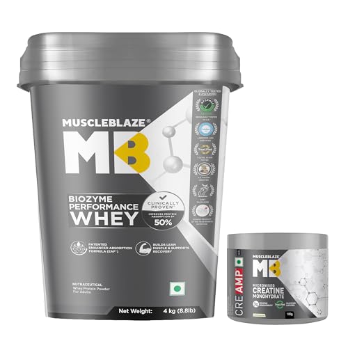 Image of MuscleBlaze Biozyme Performance Whey Protein Powder, Blue Tokai Coffee (4kg / 8.8lbs) & Micronised Creatine Monohydrate CreAMP, Unflavoured (32 Servings, 100g) | Combo Pack