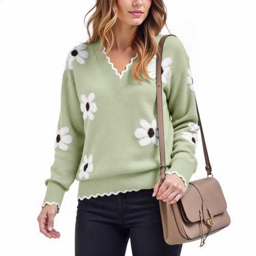 Cute Fall Flower Sweaters for Women, Casual Long Sleeve Pullover V Neck Lightweight Crochet Chunky Knit Pullover Jumper Tops2
