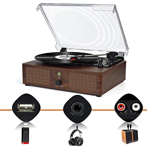 Image of Vinyl Record Player with Built-in Speakers and USB,Belt-Driven Bluetooth Turntable with 3 Speed AUX Input Headphone Jack and RCA Output Vintage Wooden Coffee