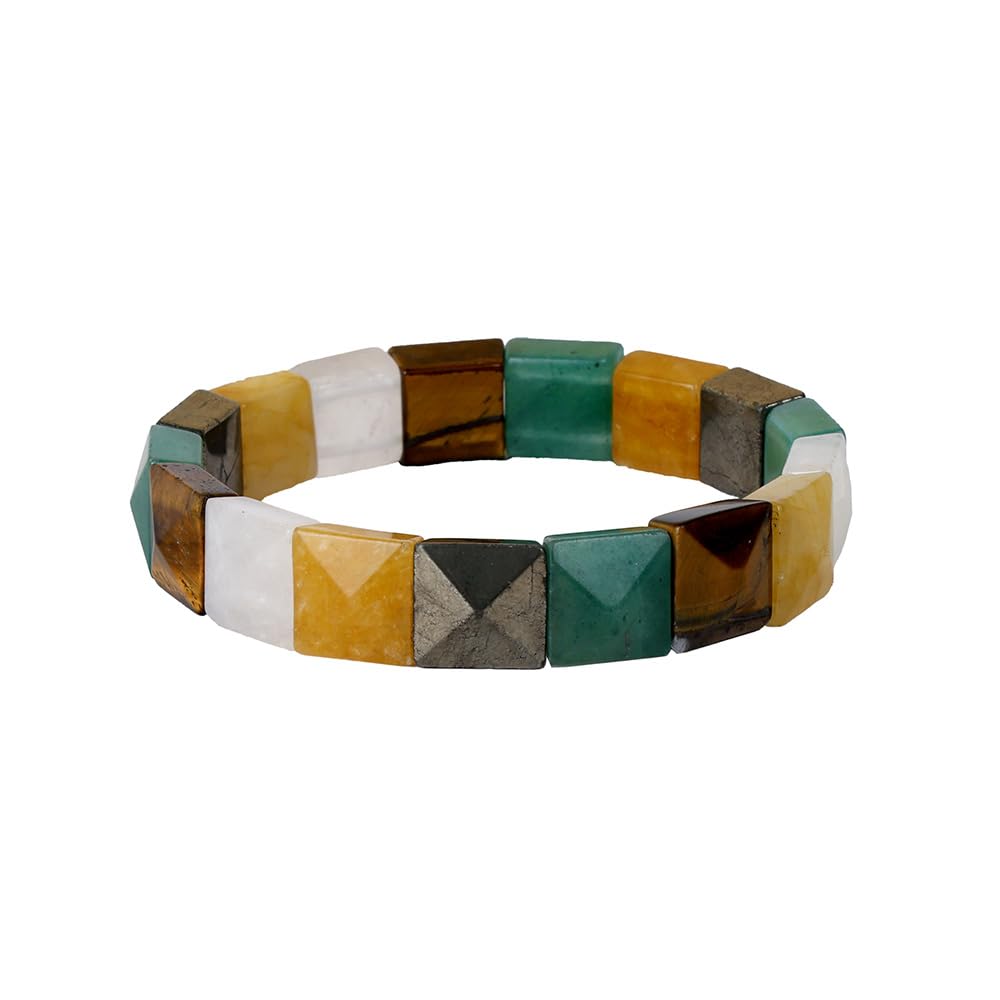 Tiger Eye, Pyrite, Citrine, Green Aventurine and Quartz for Wealth Prosperity & Abundance | Flat Rectangular Crystal Beads | Luck Success Manifestation Healing Bracelet