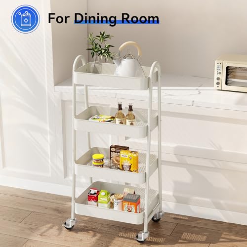Image of OLIXIS Metal 4 Tiers Utility Rolling Cart, Mobile Storage Shelf with Lockable Caster Wheels, Organization for Livingroom, Bathroom & Narrow Places, 4-Tier White