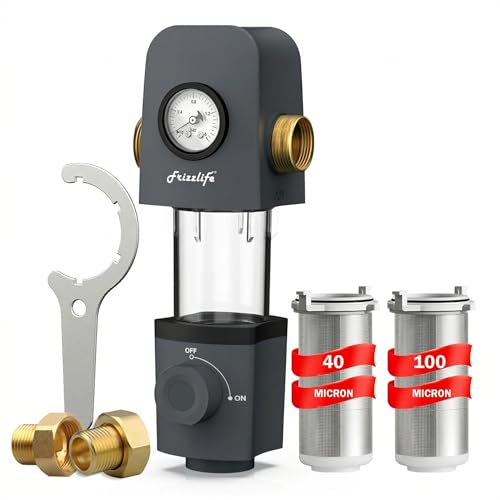 Frizzlife 40 & 100 Micron Spin Down Sediment Water Filter with Built-in Scraper & Pressure Gauge, Reusable and Flushable Whole House Pre-Filtration System, 1"+3/4" NPT, BPA Free, JG40-100