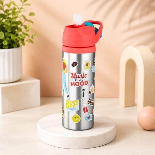 Image of Stainless Steel 600ML Sipper Water Bottle for Kids & Adults | Leakproof BPA-Free Gym Bottle with Flip Lid & Carry Handle | Music Print Design (Pack of 1, Orange)