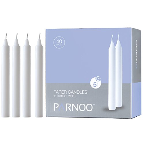 Set of 40 Unscented White Taper Candles 6 Inch Tall 3/4 Inch Thick Burn 5 Hours