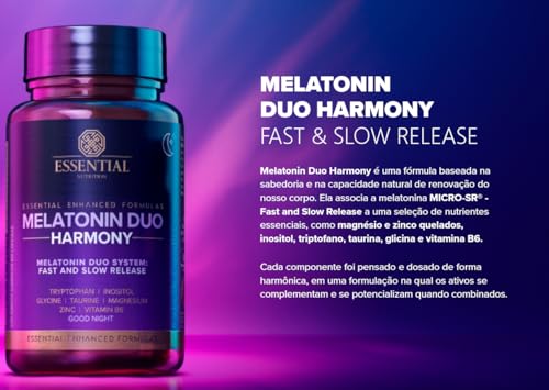 Melatonina Duo Harmony - Essential Nutrition 120 Cápsulas + Amostra (Fórmula c/Triptofano, Vitamina