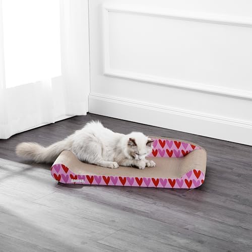 Image of CSR1004A Montego 27.5 inch Coastal Patterned Cardboard Lounge Bed Cat Scratcher with Catnip, Pink /Red
