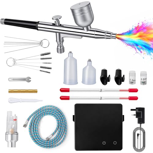Kit de Aerógrafo con Compresor de 40 PSI de Doble Acción con 3 Tamaños de Boquilla (0,2/0,3/0,5 mm) para Modelismo, Maquillaje, Pintura de Coche