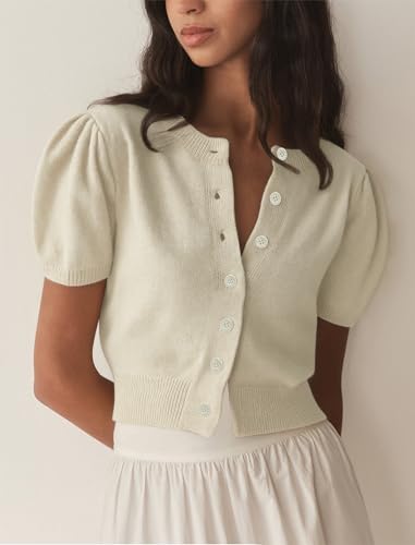 Image of Womens Puff Short Sleeve Cardigan Sweaters Cropped Button up Lightweight Y2k Knit Summer Cardigans