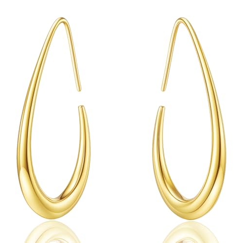 Delicate Teardrop Hoop Earrings for Women - 18k Gold Plated Large Oval Pull-Through Hoops, High Polished Statement Jewelry Gift