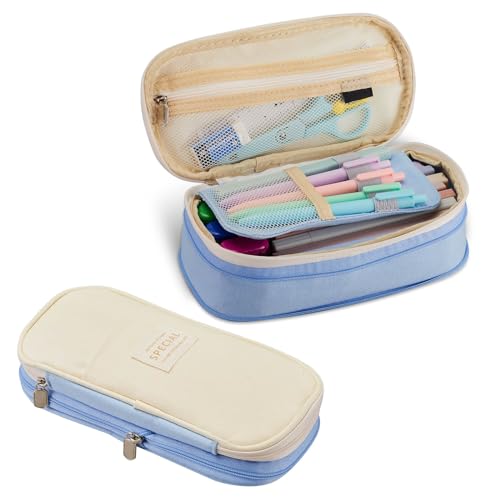 Image of Sonuimy Large Capacity Pencil Case Pouch with Zipper, Portable Aesthetic Cute Big Capacity Pencil Cases Pen Office Travel Stationery Makeup Bag, Desk Organizer for College Adults Women Men- Sky Blue