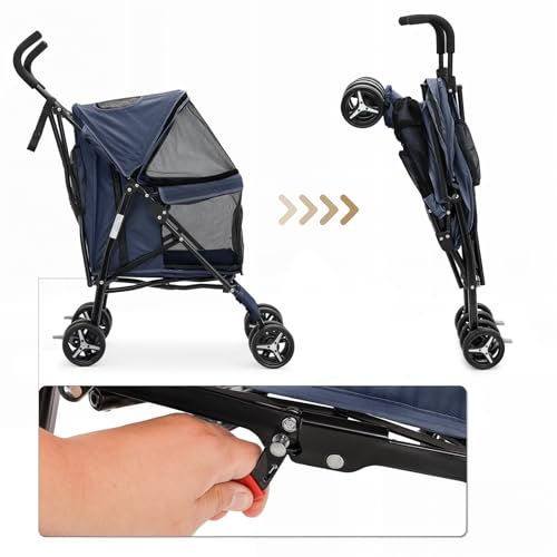 Image of MoNiBloom 4 Wheels Pet Stroller, Easy-Fold Puppy Cage Jogger Stroller with Sun Cover, Pad and Rear Storage Bag, Breathable and Visible Mesh for Small /Medium Pets up to 22 lbs, Navy Blue