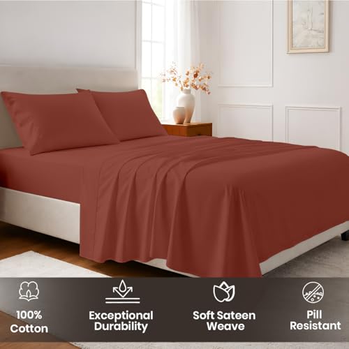 Image of SGI bedding 100% Egyptian Cotton Sheets Queen Size - Premium Luxury Hotel Sheet Set, Cooling & Breathable, Ultra Soft, 15 inch Deep Pocket, 4 Piece Bedding Set, Terracotta