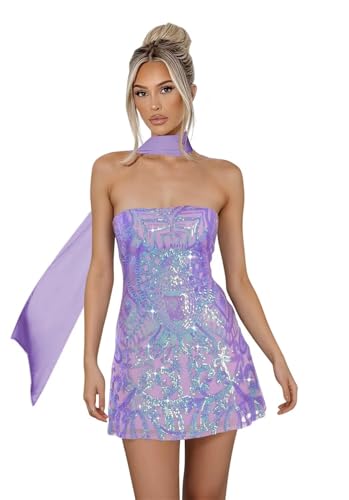 Miao Duo Sparkly Sequin Short Tight Homecoming Dresses with Scarf 2025 Strapless Mini Cocktail Party Dress YZTS277