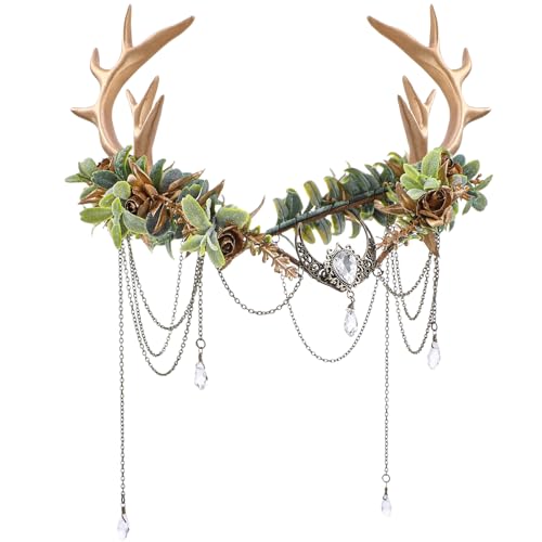 MOSTORY Woodland Fairy Antler Crown - Deer Antler Headpiece with Tassel for Fairy Renaissance Accessories Women Reindeer Flower Elf Circlet for Renfaire Forest Fantasy Cosplay