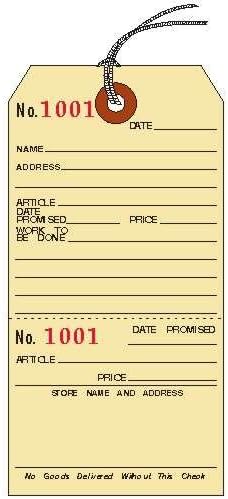 Repair Tags, 5-1/4" x 2-5/8", Manila Cardstock with Stub, Strung, Consecutively Numbered, Pack of 50