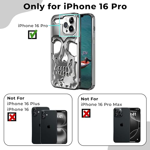 Image of Kraptick Polycarbonate iPhone 16 Pro Case - Electroplated Skull Face Design Mobile Cover, Stylish & Durable Phone Cover, Lightweight Protective Fit for Apple iPhone 16 Pro -(Silver)