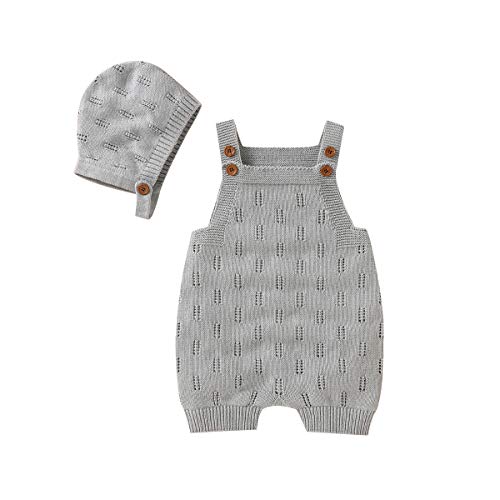 Image of LAWKUL Baby Knit Romper Sleeveless 100% Cotton Jumpsuit with Hat Newborn Outfits Overall Bodysuit One Piece 2pcs
