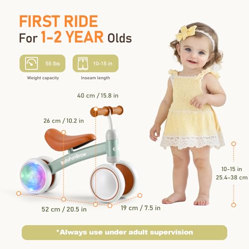 Image of Colorful Lighting Baby Balance Bike Toys for 1 Year Old Girl Gifts, Balance Bike 1 Year Old No Pedal, 12-24 Months Toddler Ride on Toys with 4 Silent Wheels & Soft Seat, 1st Birthday Gifts, Green