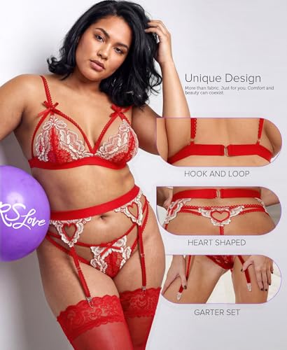 Image of RSLOVE Women Lingerie Set with Garter Belt | Heart Cutout Lace Design, Adjustable Fit, Soft Stretch Fabric, 3 Piece Romantic Lingerie Set
