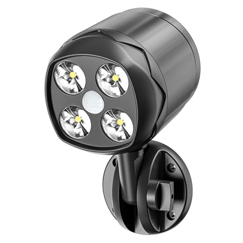Hotomely Outdoor Motion Sensor Light Battery Operated IP65 Waterproof Ultra Bright Motion Sensor Outdoor Lights Head Adjustable with 8W 600 Lumen 6000K 4LEDs for Garage Yard Porch and Patio (1 Pack)