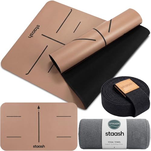 STAASH Juego de esterilla de yoga premium de alta calidad, antideslizante, de poliuretano y caucho natural (4,5 mm), incluye toalla de yoga, correa y almohadilla para las rodillas, extra ancha y larga