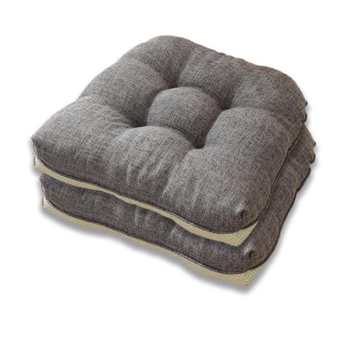 Aikenn 綿と麻の素材、クッション、パールコットンの詰め物、固定針技術、滑り止めストラップ、複数のシーンに適し、長時間快適に座れる、クッション、ストラップ付きの厚手のチェアクッション、2個セット、ふわふわ、ふわふわ、洗濯機洗い可能、二重滑り止め、四季対応ダイニングチェアクッション、46x43x9 cm (2, ダークグレー)