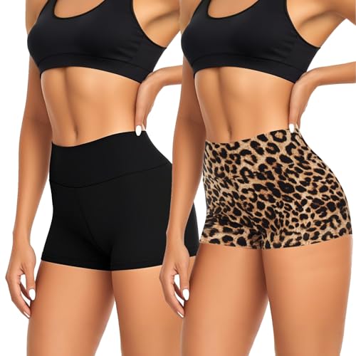 SAIIURV 2 Piezas Pantalones Cortos de Deporte para Mujer Pantalon Corto Deporte, Pantalones Cortos de Yoga de Cintura Alta, Hotpants, Pantalon Corto Elásticos, Jogging Mallas Cortas (Negro, Marrón)