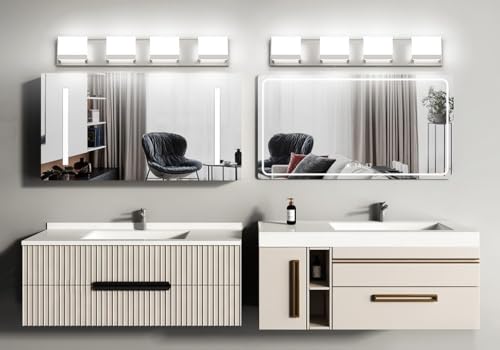 Image of Tipace Brushed Nickel Modern Vanity Light Fixtures 4 Lights LED Bathroom Lights Up and Down Bathroom Wall Lighting Over Mirror(White Light 6000K)