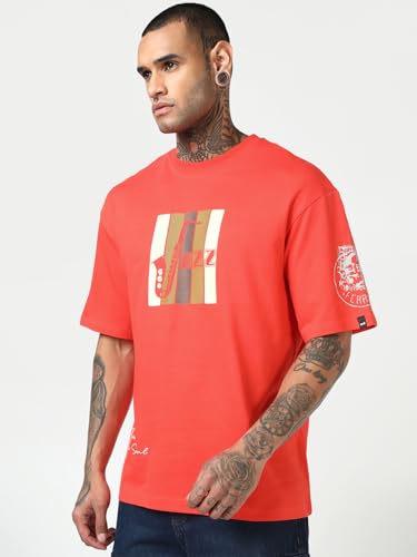 Image of Bewakoof Men's 100% Cotton Graphic Print Oversized Fit Half Sleeve Round Neck T-Shirt | Bewakoof Heavy Duty 1.0 | Casual Wear | Street Wear | Oversized t Shirt for Men Cotton | Baggy
