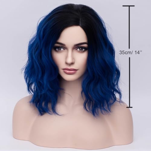 Image of BERON Black and Blue Wigs for Women Girls Short Curly Bob Wavy Hair Wig Ombre Dark Blue Body Wave Heat Resistant Synthetic Cosplay Daily Party Wigs