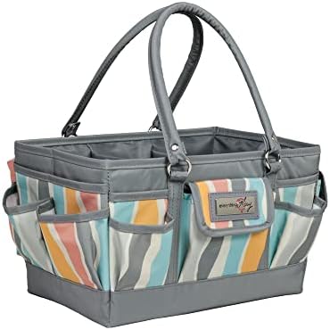 Everything Mary Deluxe Store and Tote, Grey Stripes - Caddy for Art, Craft, Sewing & Scrapbooking Supplies - Craft Organizers and Storage with Many Compartments