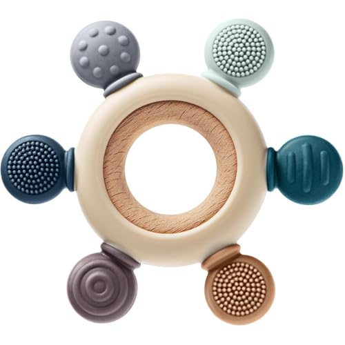 Image of Silicone & Wood Baby Teether - BPA-Free Teething Toy for 3+ Months Baby, Soothing Sensory Toy for Infants, Ideal Gift for Newborns Silicone Rudder with Wooden Ring Soothe Babies Gums
