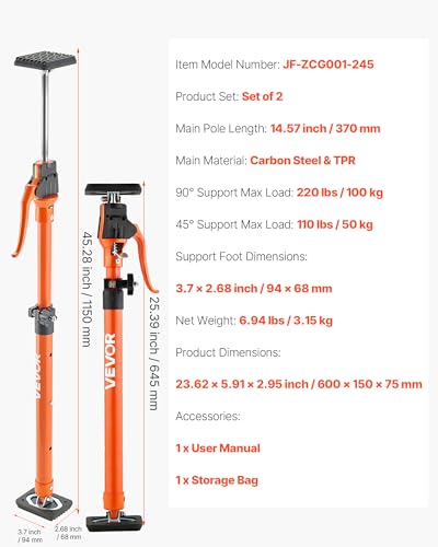 VEVOR Étai de Soutien Télescopique 64,5-115 cm Poteau de Support Réglable Lot de 2, Tige Dégagement Rapide, Acier, Charge 100 kg, Étai pour Plafond, Installation d'Armoires, Levage de Cloisons Sèches – vue 7