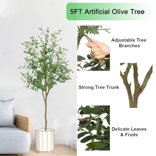 GarveeHome 5 FT Artificial Olive Tree, Faux Olive Tree with Silk Oliver Leaves and Lifelike Fruits, Fake Olive Plants in Pot for Home Decor