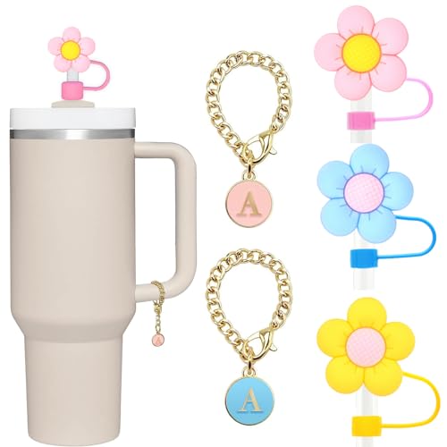 UCCASA 3Pcs Flower Straw Cover Cap Stanley Cup Accessories Silicone Reusable 10mm Straw Protector Tip 2PCS Initial Letter Charm Personalized Stanley 30&40 OZ Tumbler (3PCS Flower +2PCS Letter A)