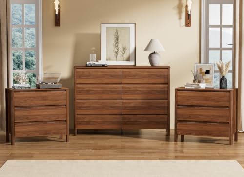 Image of Furniway Walnut Dresser and Nightstand Set 3 Piece, 8 Drawer Dresser with 3 Drawer Nightstands Set of 2, Modern Wood Chest of Drawers, Handleless Bedroom Storage Set