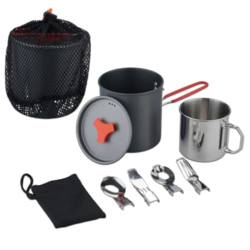 Casserole de camping 1L avec couvercle, tasse 500ml et couverts pliants