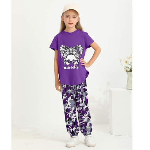 Image of Girls Outfits Short Sleeve Irregular Tops + Camouflage Long Legging Outfits 2PCs Summer Pant Sets 6-14T