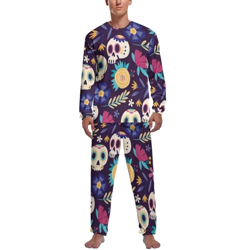 Pyjama homme haut et bas manche longue ensemble vêtements de nuit crânes fleuris