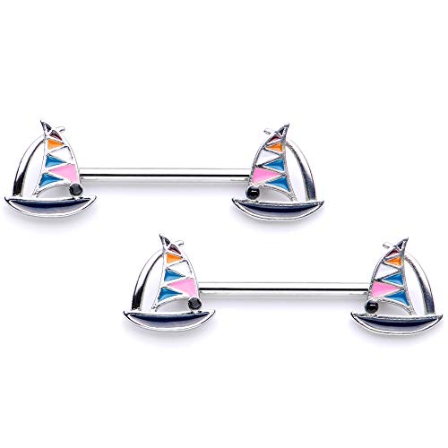 Body Candy 14G Womens Nipplerings Piercing Steel 2Pc Black Accent Nautical Sailboat Nipple Ring Set 9/16" #TOP28