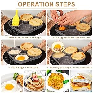Image of Niyam 4 Hole Non Stick Egg Frying Pan with Wooden Texture Handle, Granite Coated Multi Section Omelet Pancake Pan, Induction and Gas Compatible Breakfast Skillet Cooking Pans (White B, 17cm)