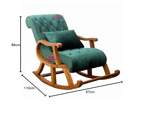 Image of CRAFTCITY Rocking Chair |Sheesham Wood Elegant Rocking Chair with Pillow and Matching Foot Stool and Pre assembeled (Peacock Green)
