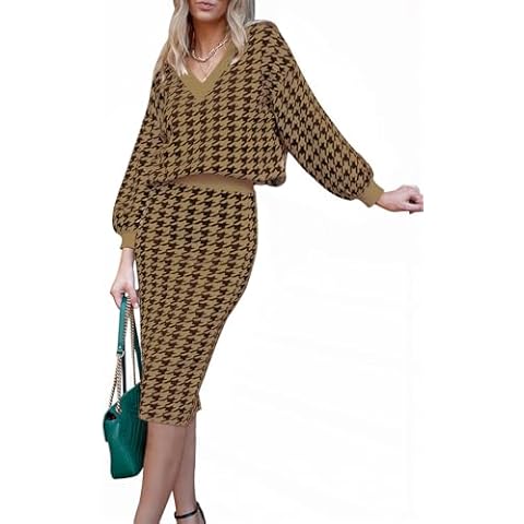 HUUSA Women 2 Piece Sweater Midi Pencil Skirt Set Fall Winter Split Dress Batwing Long Sleeve Oversized Top Work Outfit Houndstooth Brown S Cover