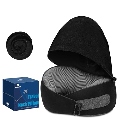 Vzpeun Travel Pillow, Hooded Neck Pillow Airplane for Sleeping, Memory Foam Traveling Pillow for Long Flights, Portable Plane Accessories (Charcoal Black) (Black)