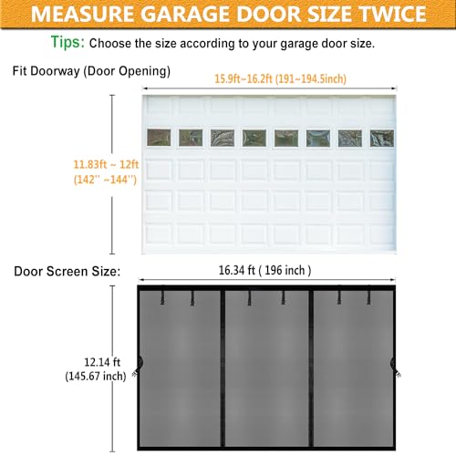 Image of Magnetic Garage Door Screen 16x12ft for 2 3 Car, Doors Durable Fiberglass Heavy Duty Mesh Magnetic Net, Pets Friendly Retractable for Carport Garage Patio Porch (Black, 16x12ft)