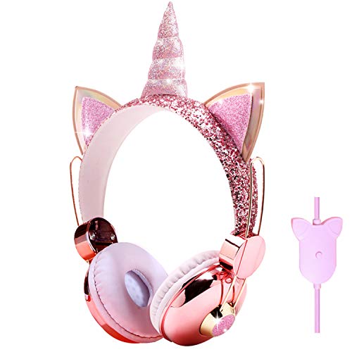 Kids Headphones for Girls Boys Children Teens, Cute Unicorn Headphones with MIC, 3.5mm Jack Wired On Ear Headphones for School Travel Airplane - Pink