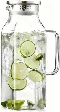 SYDALARAW 2 Liter Glass Pitcher with Lid and Handle, 68 oz Square Borosilicate Water Jug for Fridge, Wide Mouth Carafe with Strainer for Iced Tea, Juice, Milk, Hot or Cold Drinks