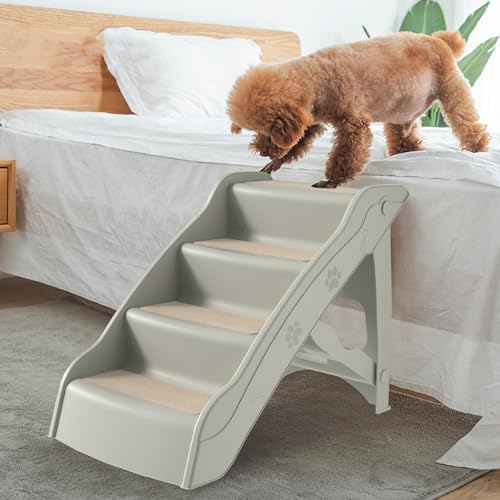 Aufun Hundetreppe 4 Stufen Faltbare Haustiertreppe mit Rutschfester Matte, 50 cm hohe Katzentreppe,Hunderampe Max. Belastung 75 kg, Tragbare Haustiertreppe für Hunde und Katzen,Bett oder Sofa(Grau)