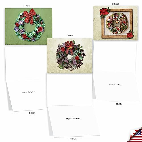 Image of The Best Card Company - 10 Holiday Note Cards for Christmas - Festive Bulk Assortment, Boxed Notecards with Envelopes (4 x 5.12 Inch) - Succulent Wreaths M2942XSG