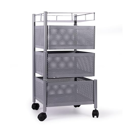 Image of KITCHIVO Kitchen Storage Rack | Revolving Vegetable Rack | Square Multipurpose Storage Trolley with Wheels | Metal Fruit Rack (Silver, 3 Layer)